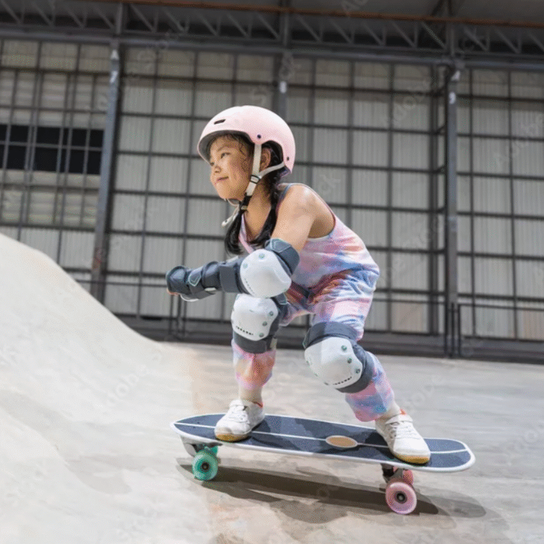 Niña con casco y protecciones haciendo surfskate