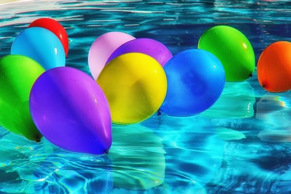 balloons, colorful, swimming pool, water, water surface, birthday balloons, nature, colorful balloons, pool, rubber balloons, wet, party, celebration, birthday party